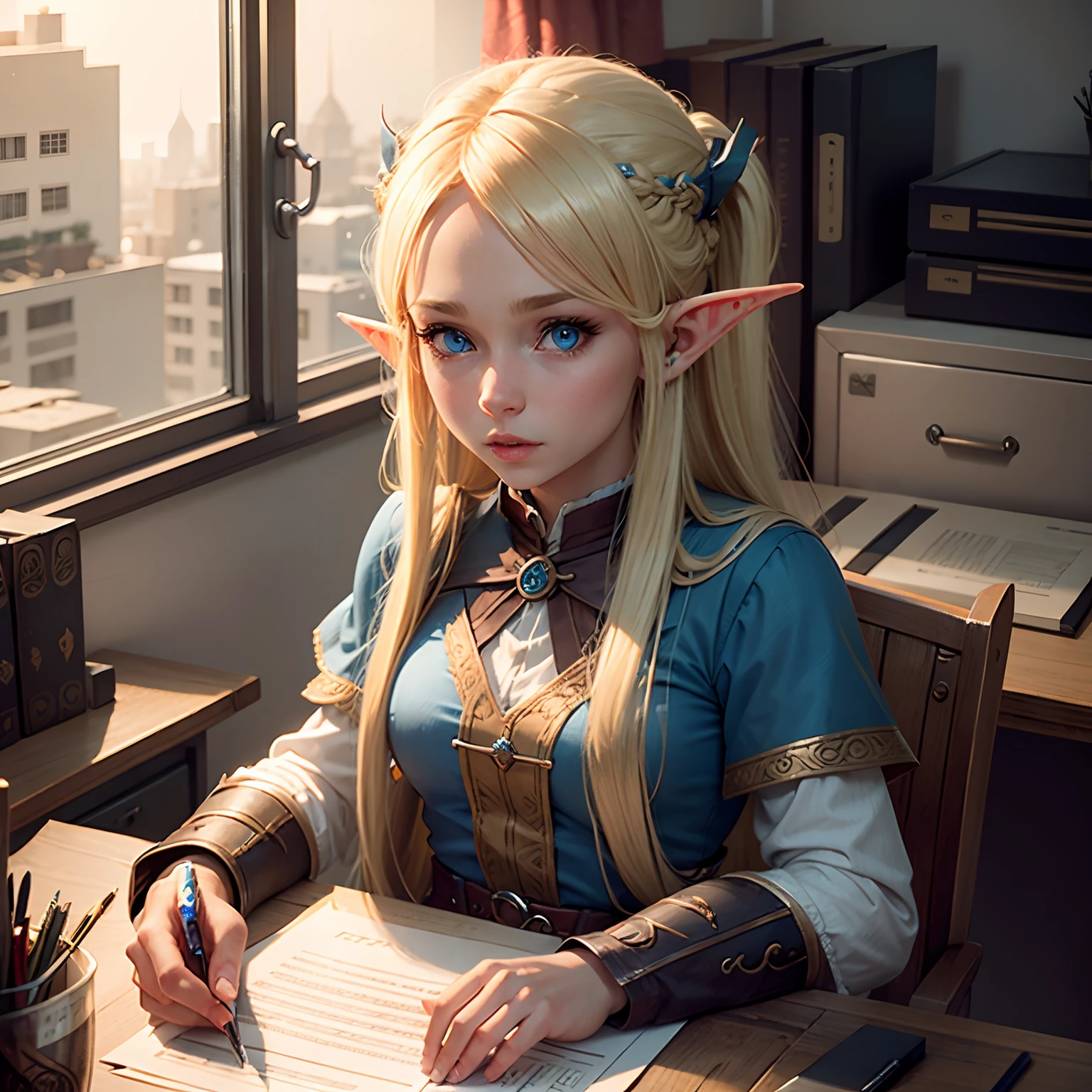 a young blonde elf girl with long hair and blue eyes, working at her desk, talking to an orc in the office.