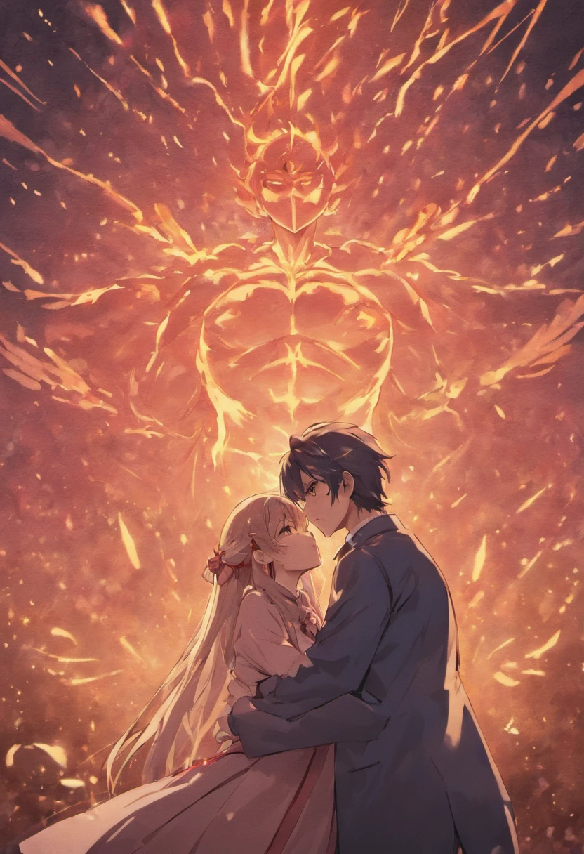 A couple of anime characters hugging in front of a fire - SeaArt AI