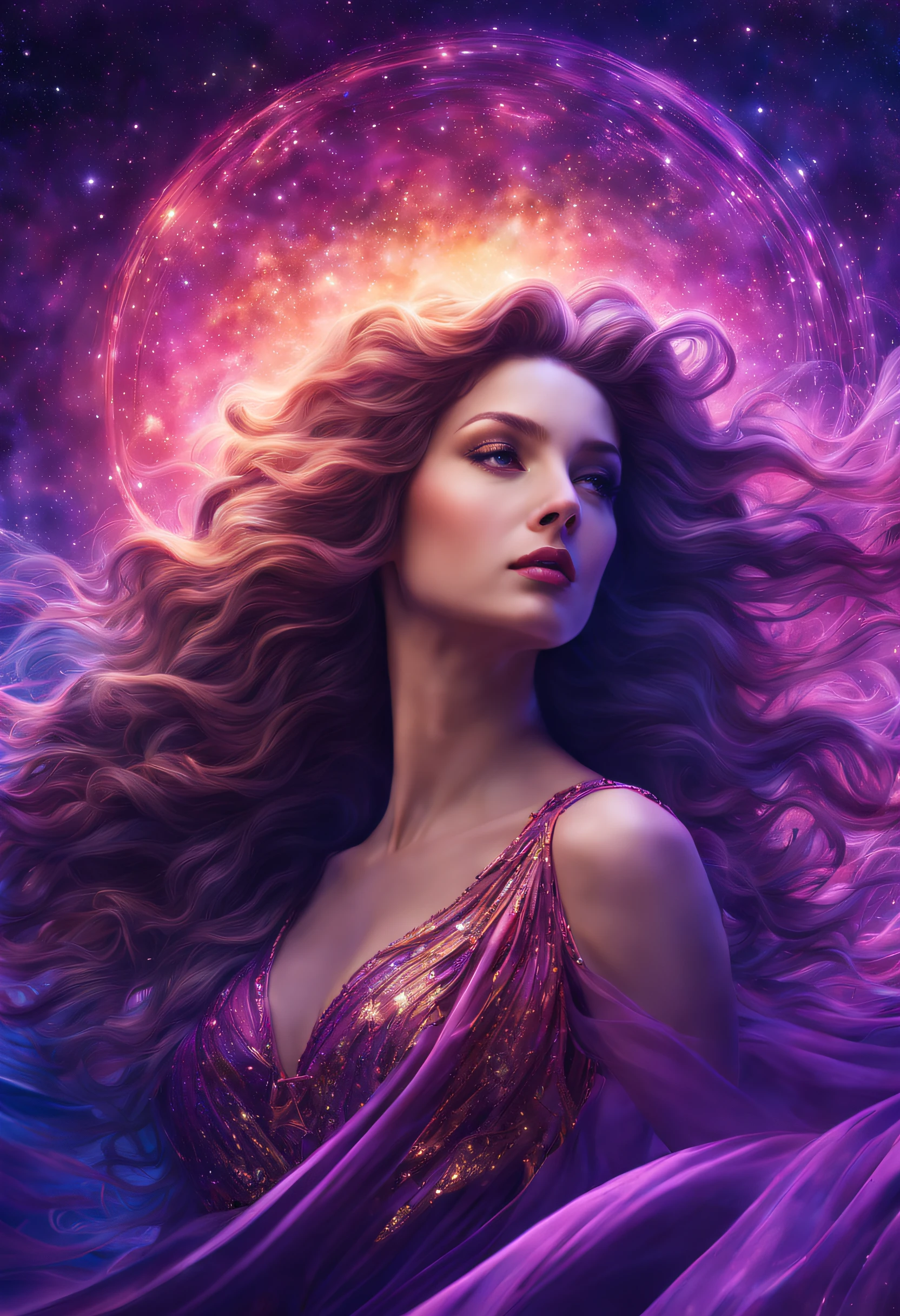 Vénus, déesse de la beauté，Une mer d&#39;étoiles illusoires，cheveux longs et fluides，Des couleurs fantastiques，enregistrements de films，8k，chef-d&#39;œuvre，violet