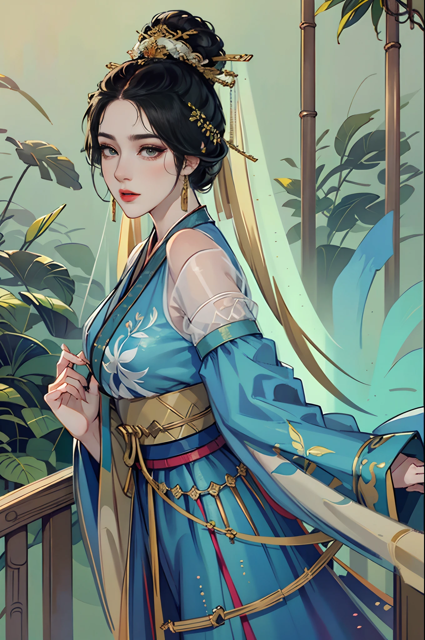 Woman in the Bamboo Forest (gorgeous costume), holding a fan, veil, parted bangs, ponytail,hairstick:1.4, foam, elbow pad, black headband, pupil dilation, eyeball, amber eyes, panic, anime style, mixed, symmetrical, first-person perspective, 85mm, masterpiece, textured skin, high detail, best quality