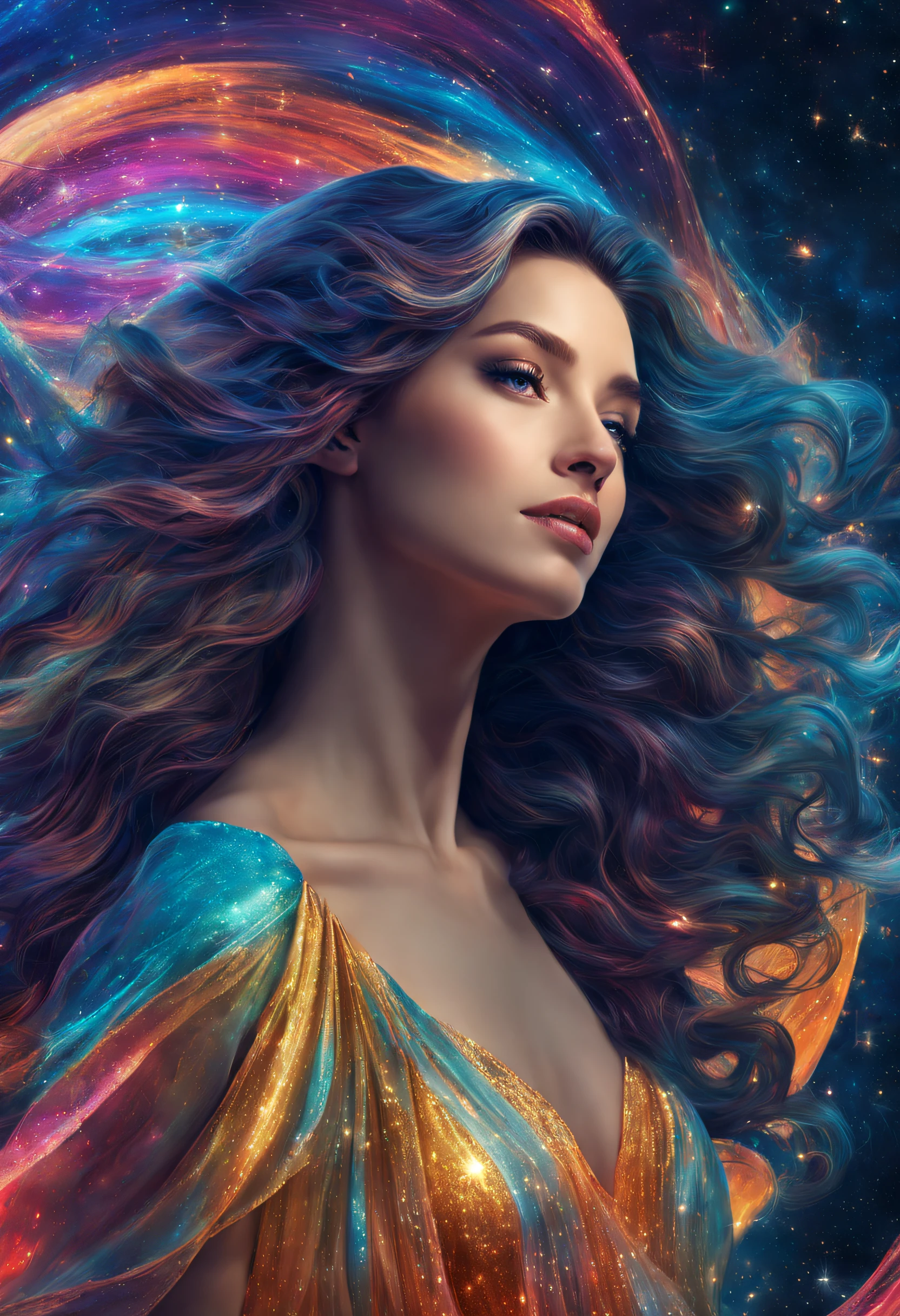 Venus, Goddess of beauty，A sea of illusory stars，long and flowing hair，Fantastic colors，filmposter，8K，tmasterpiece，a color，glitters