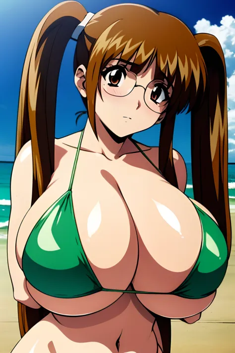(high-level image quality、masutepiece、high-level image quality、90s anime style、Anime cel drawing style, Manga style),First_Snow Light, ((Best Quality, High resolution)), 1girl in, (Huge breasts:1.3), Twin-tailed、(Green Bikini:1.3), Brown hair, (eye glass),...