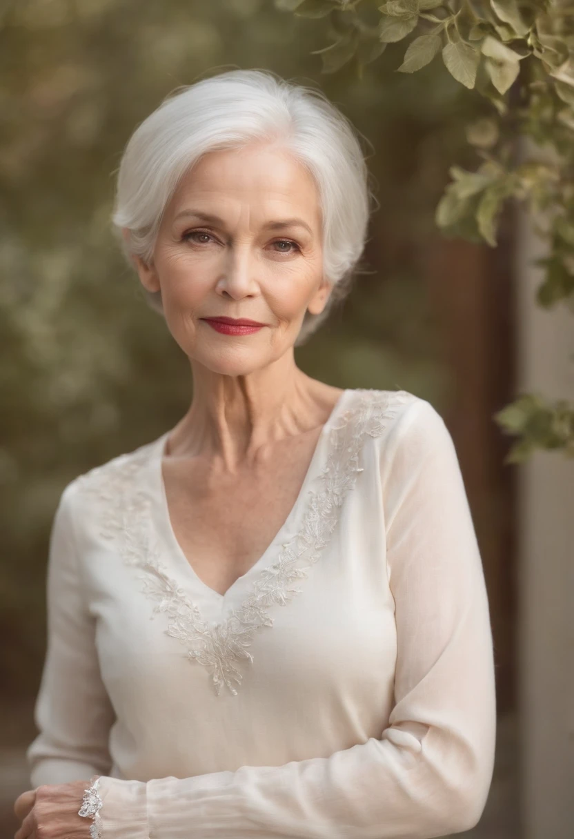 A close up of a woman in a white dress posing for a picture - SeaArt AI