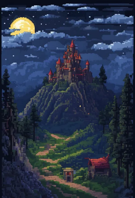 Dark sky ,castle in mountain,dark mountain,Forest,Moon light.