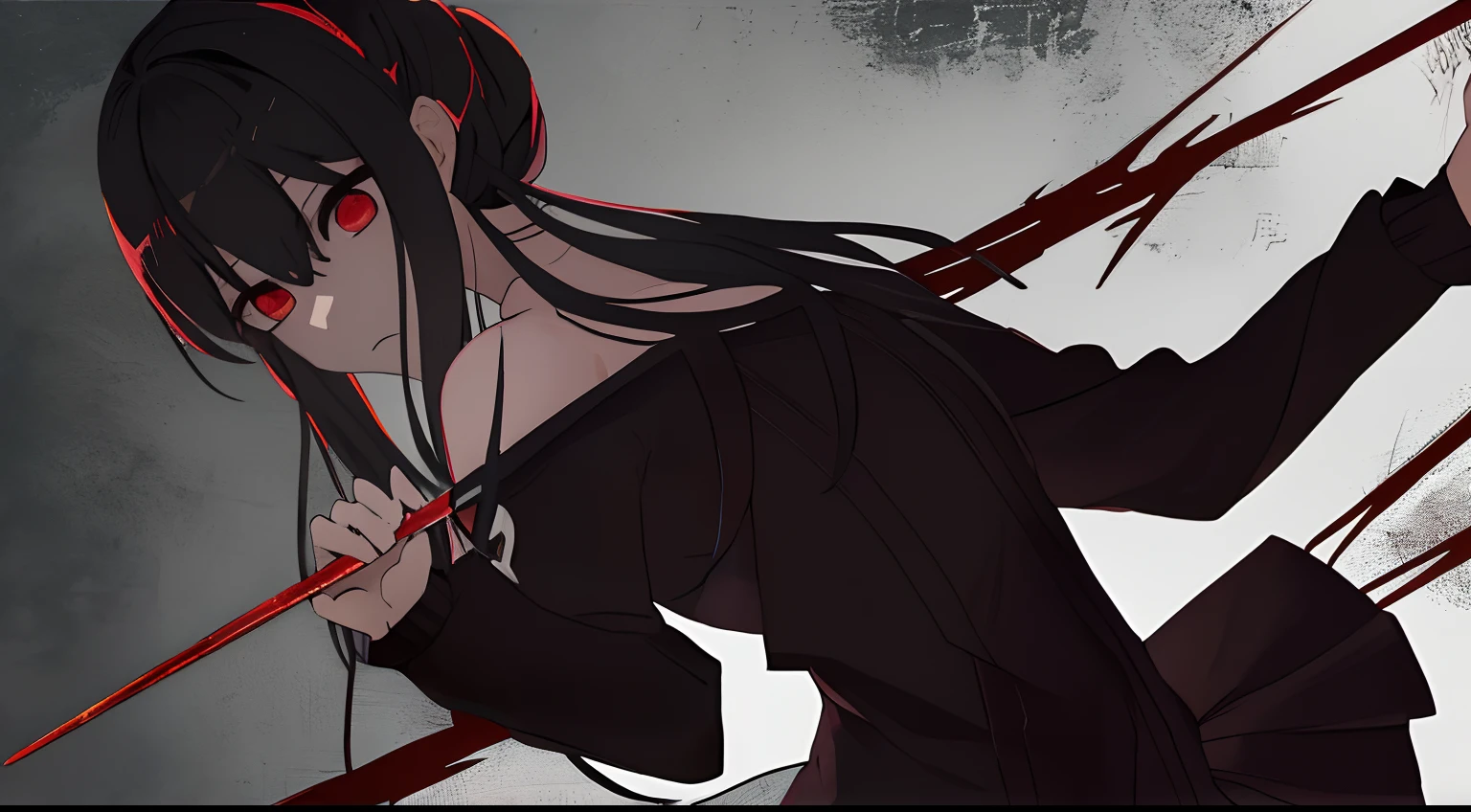 Anime girl with long black hair holding a red bow and a knife - SeaArt AI