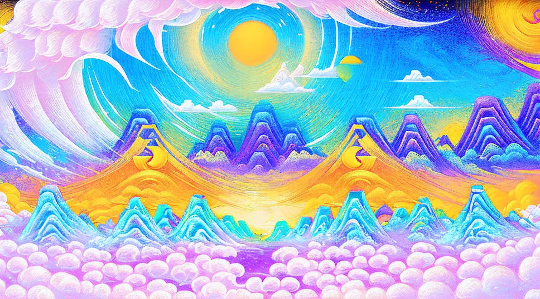 Large areas of white space，Oriental aesthetics，New Chinese，geometric figure，Flat illustration，surrounded by cloud，Large area of white clouds，Low saturation colors，In the gap between the clouds，Reveals a mountain peak and，Maximalism，zen feeling，Parallel perspective，symetrical composition，Faraway view，Golden section，k hd