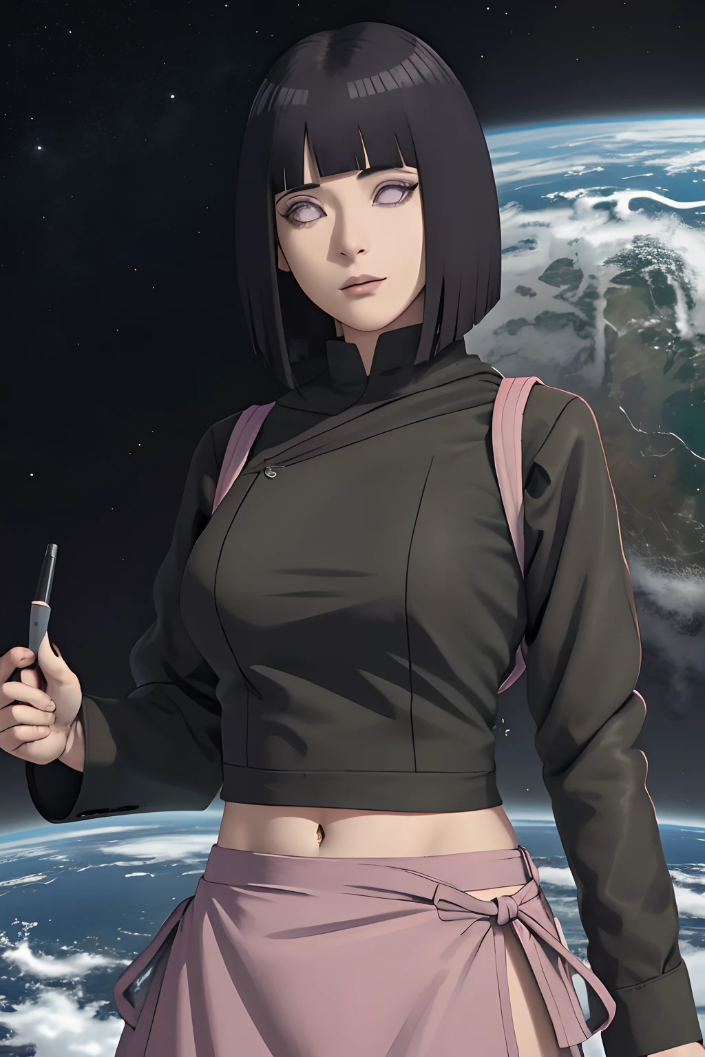 Anime girl with black hair and a pink skirt holding a cell phone - SeaArt AI