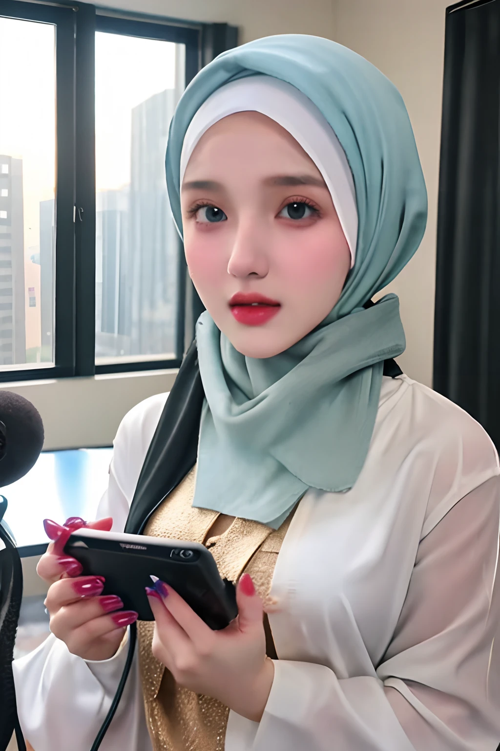 white skinned,realistic hijab girls, age 20,full bodyesbian，A high resolution，tmasterpiece, beautiful,sexy,hot,idol girl,super huge breast,Angry,hijab outfit,in room,gaming player girl, in room ,computer, earphone,stick game ,mobile player girl,long black hijab wet,body wet