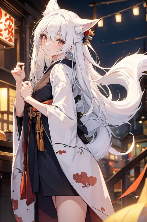 1 girl(white hair,fox snout, fox tails, fox ears), wearing a kimono covering her body