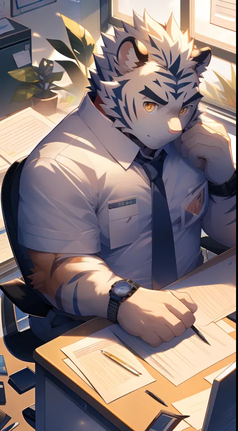 tmasterpiece, high-definition photograph, Perfect anatomy, Anthropomorphic white tiger, male people, 20yr old, Deities, Light blue stripes, Strong body, large pecs, Pink milk clusters, medium bulge, He sat behind his desk, Wear white tight suit pants, Shir...