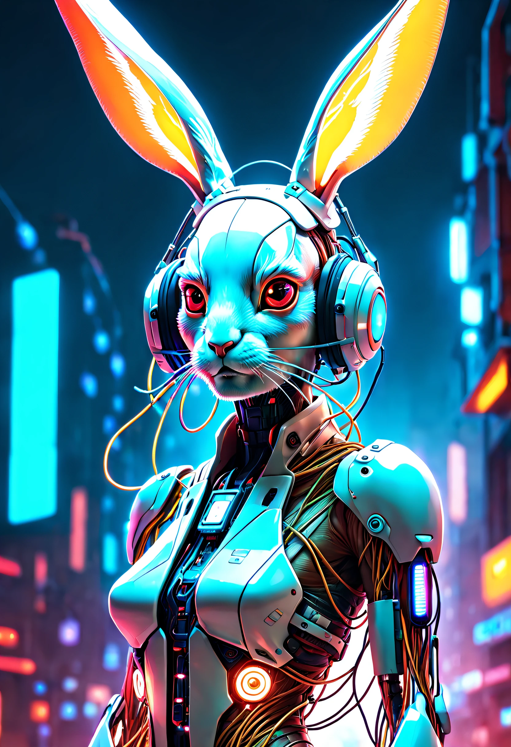 Cyborg female hare, Kawaii cyborg rabbit, com rosto detalhado, Beautiful body, Glowing hair, Looking at the camera, breeze, neon strings, Messy wiring/cable wires, sci-fy, Futuristic, Highly detailed, Cinematic, Cyberpunk, highly detailed and intricate, rich deep color. sfv, raffael, Caravaggio, greg rutkovsky, beeple, beksinski, Red background