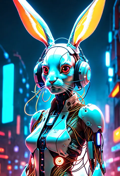 Cyborg female hare, Kawaii cyborg rabbit, com rosto detalhado, Beautiful body, Glowing hair, Looking at the camera, breeze, neon...