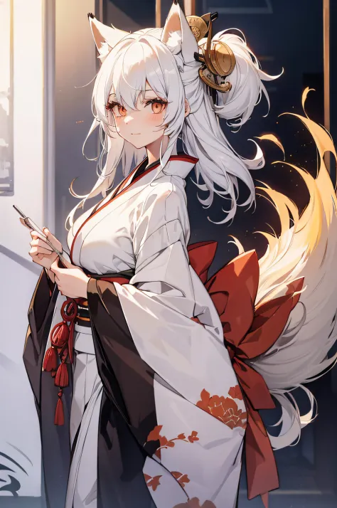 1 girl(white hair,fox snout, fox tails, fox ears), wearing a kimono covering her body
