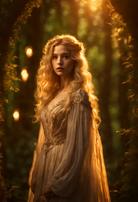 pre-raphaelite masterpiece, extremely beautiful young fantasy princess in aesthetic forest, glow, archs, blonde hair, backlit ha...