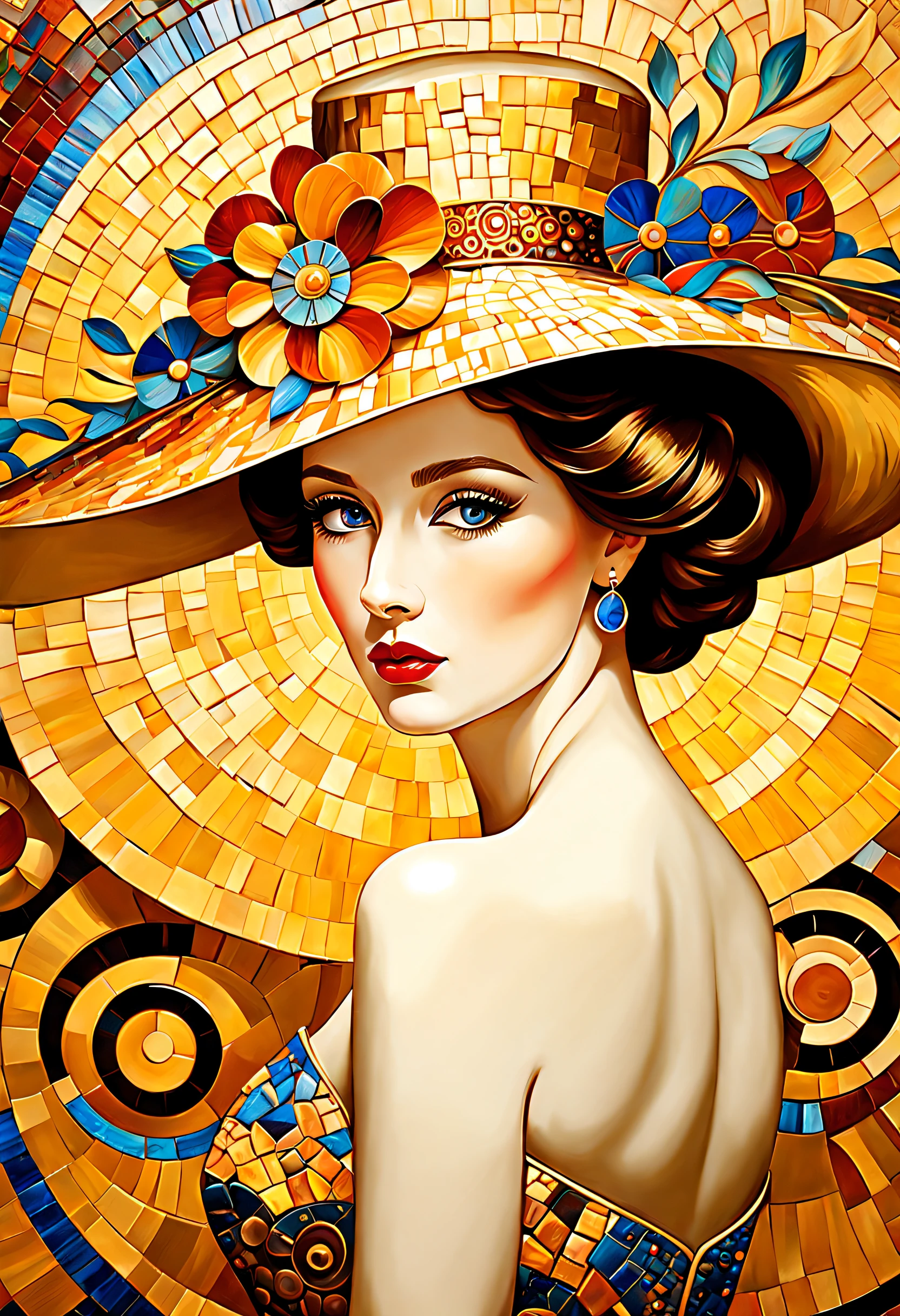Fine Art, Oil painting, thick brushstokes, an elegant lady lost in her dreams, inspired by [Gustav Klimt | Vincent van Gogh | Pablo Picasso | Gil Elvgren], hat, captivating mosaic wall, swirls, Triadic colors, Art Nouveau, Byzantine Mosaics, gold accents, Elegance, Sophistication, Classy, highly refined, Stylish, complex background, Timeless, Luxury, Subtle, Graceful, High-end, intricate patterns, sensual forms, intricate textures, dramatic lighting, emotional depth, dehazed, perfect cohesive composition