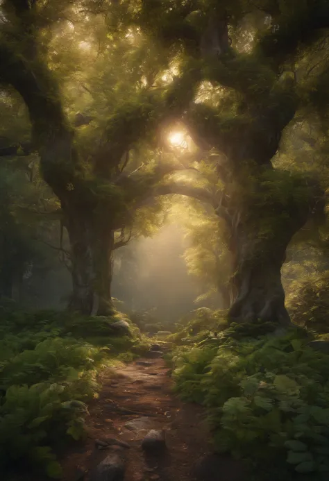 masterpiece, best quality, high quality,extremely detailed CG unity 8k wallpaper, An enchanting and dreamy scene of a fantasy forest, with towering trees, glowing mushrooms, and hidden fairy glens, creating a sense of mystique and enchantment, artstation, ...