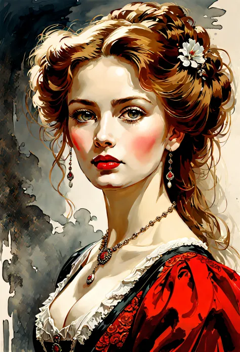 victorian era hungarian female xix century female, hazel hair, red lips, pretty features, Wadim Kashin, James Gurney, Ink, splas...