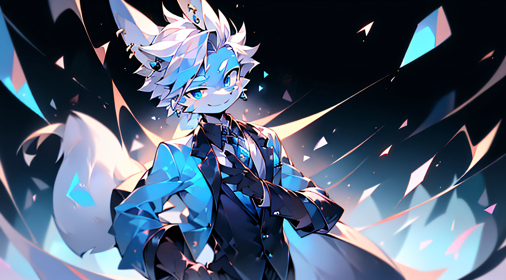 (highres),rabbit,grey fur,animal ears,elongated ears,male,sapphire blue eyes,The hair on the chest and abdomen is white,The hair around the mouth is white,solo person,charming smile,villainous character,right ear earring,silver earring,bad guy,suit shirt,young boy,tough guy