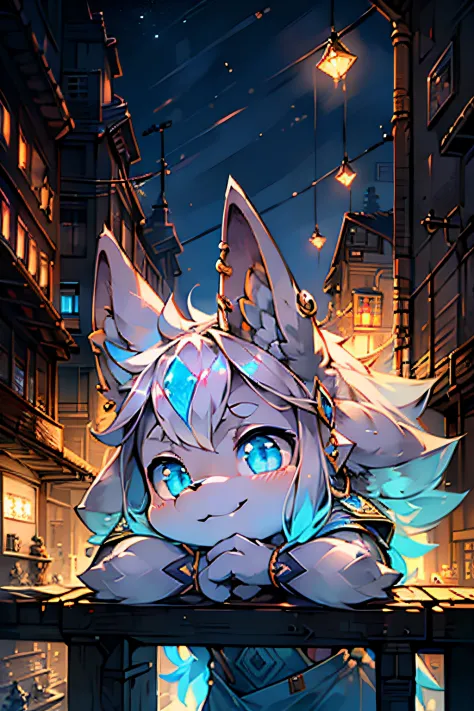 (best quality,4K:1.2),a gray rabbit leaning against a wall, with a cunning smile and blue eyes, two long ears, the right ear adorned with a silver round earring. The rabbit is situated in a vibrant city at night, where lively lights create a relaxed atmosp...