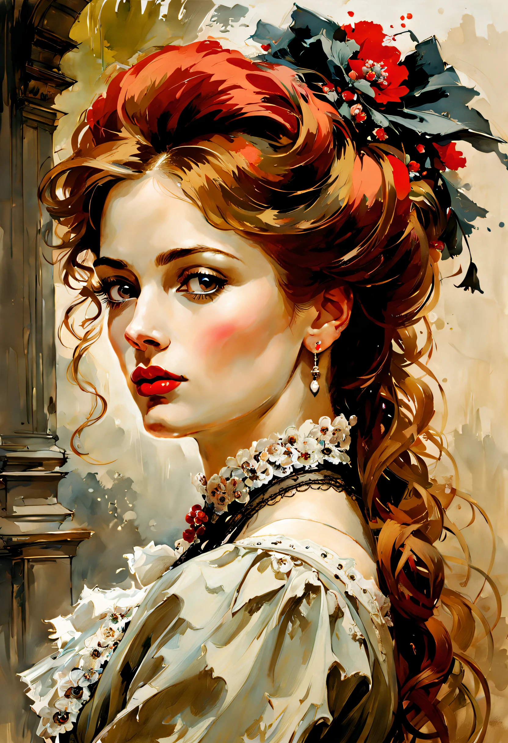 維多利亞時代的匈牙利女性 19 世紀的女性, 淡褐色頭髮, 紅唇, 不錯的功能, 瓦迪姆·卡辛, 詹姆斯·格尼, 墨水, 潑墨藝術", 惊人的美丽 , 羅約, 性別鑑定後, Super detailed splash art modern European 墨水 painting