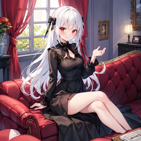 white  hair、red eyes、bow ribbon、Beautiful girl alone、red blush、Black Dress、Raw feet、Sitting on the sofa、Western-style interior、A...