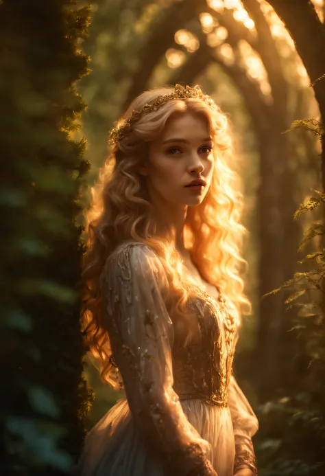 pre-raphaelite masterpiece, extremely beautiful young fantasy princess in aesthetic forest, glow, archs, blonde hair, backlit ha...