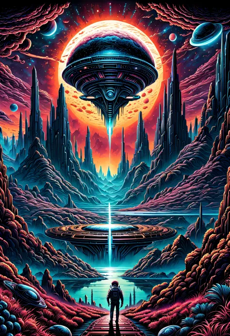 by dan mumford, alien world, deeply vibrant world, centered, symmetry, painted, intricate, sci fi, volumetric lighting, beautifu...