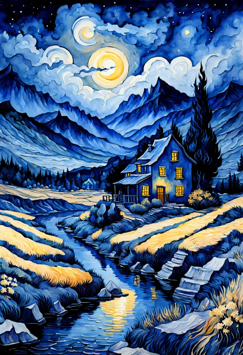 a fantasy landscape in a very dark blue color, van gogh style, Watercolor, trending on artstation, sharp focus, studio photo, in...
