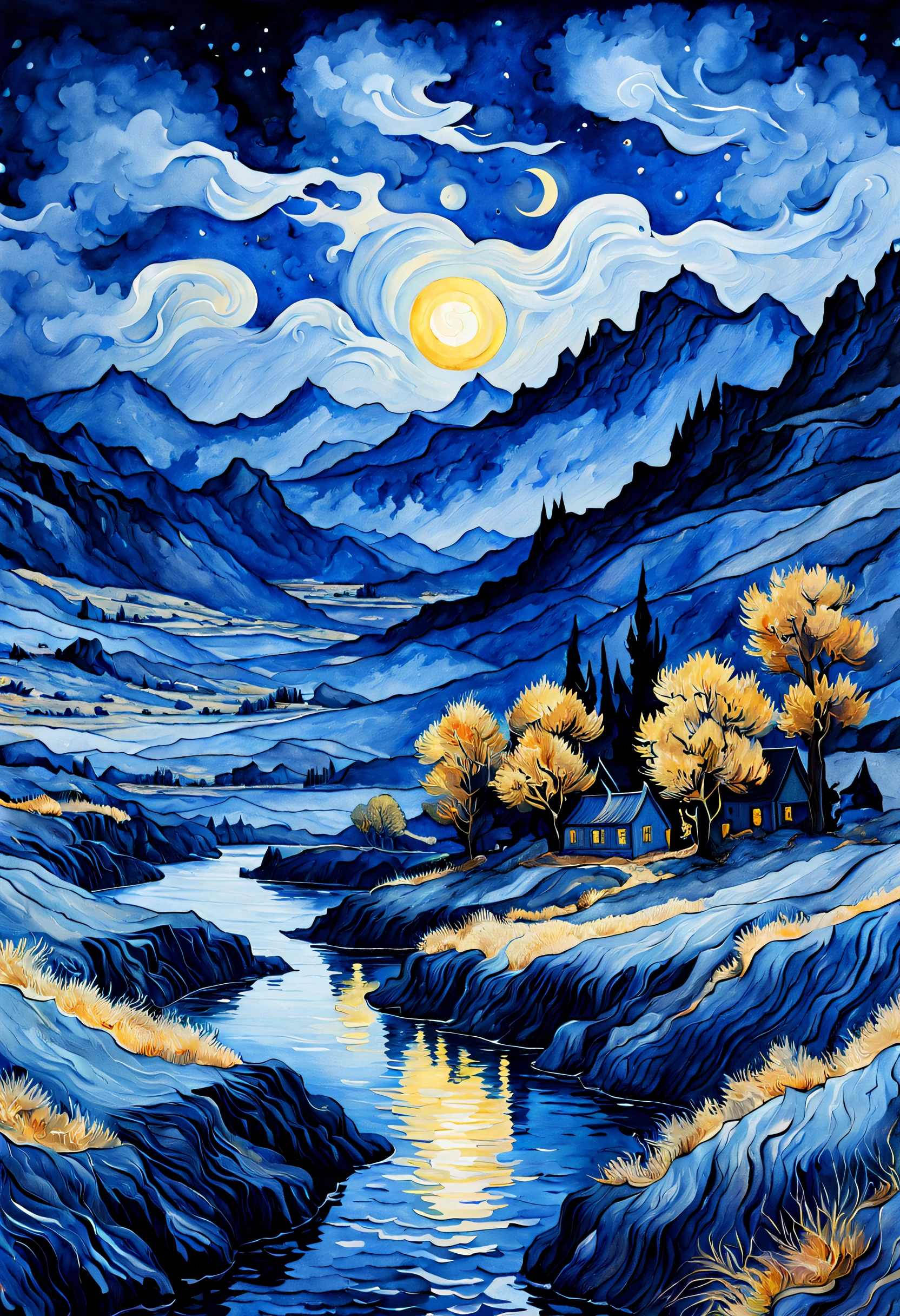 un paysage fantastique de couleur bleu très foncé, À la manière de Van Gogh, aquarelle, tendance sur artstation, netteté, photographie en studio, Détails complexes, très détaillé, par Greg Rutkowski