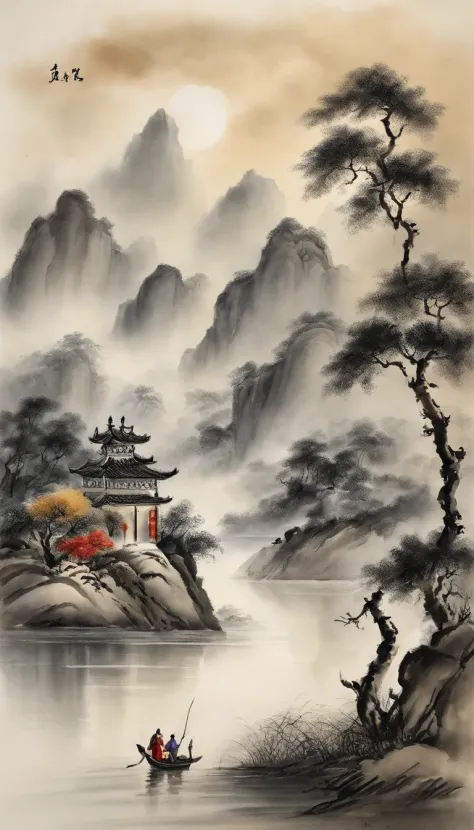 Chinese landscape painting，ink and watercolor painting，water ink，ink，Smudge，Faraway view，Ultra-wide viewing angle，Meticulous，water ink，Smudge，Meticulous，Smudge，low-saturation，Low contrast，The light boat has crossed the Ten Thousand Heavy Mountains，Beautifu...
