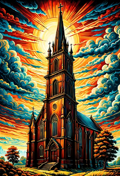 a painting of the church in ruigoord with a tower and a sky background, inspired by Dan Mumford, dan mumford and alex grey style...