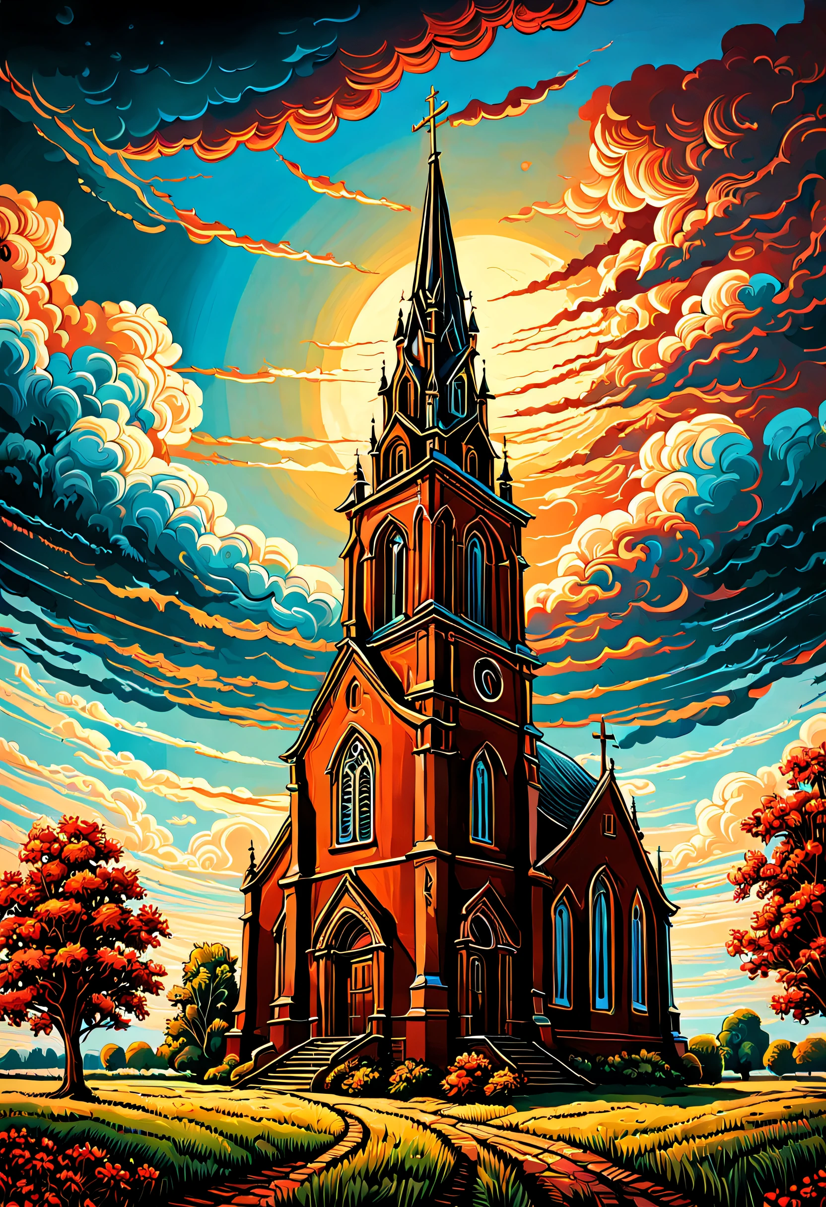 a painting of the church in ruigoord with a tower and a sky background, inspired by Dan Mumford, dan mumford and alex grey style, in the style dan mumford artwork, in the art style of dan mumford, dan mumford paint, el bosco and dan mumford, anton fadeev and dan mumford, painting by dan mumford, by Dan Mumford, jen bartel