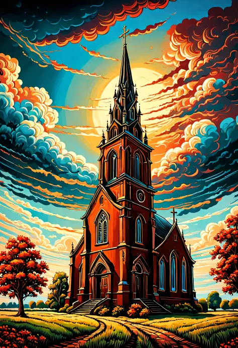 a painting of the church in ruigoord with a tower and a sky background, inspired by Dan Mumford, dan mumford and alex grey style...