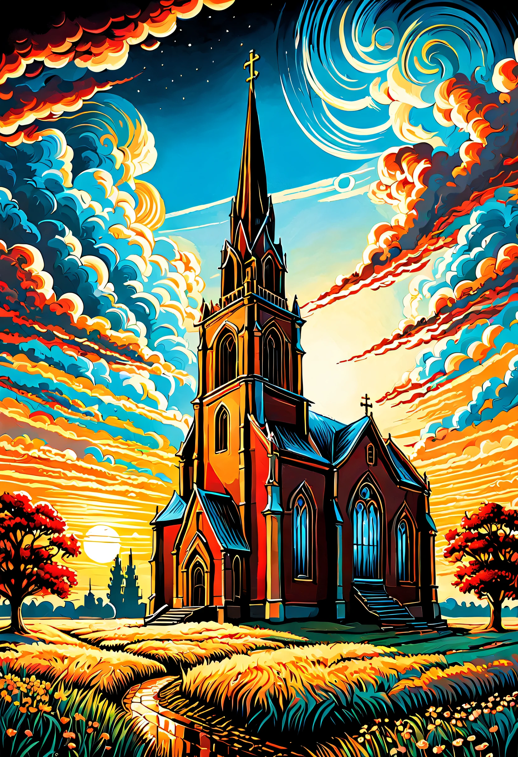 a painting of the church in ruigoord with a tower and a sky background, inspired by Dan Mumford, dan mumford and alex grey style, in the style dan mumford artwork, in the art style of dan mumford, dan mumford paint, el bosco and dan mumford, anton fadeev and dan mumford, painting by dan mumford, by Dan Mumford, jen bartel