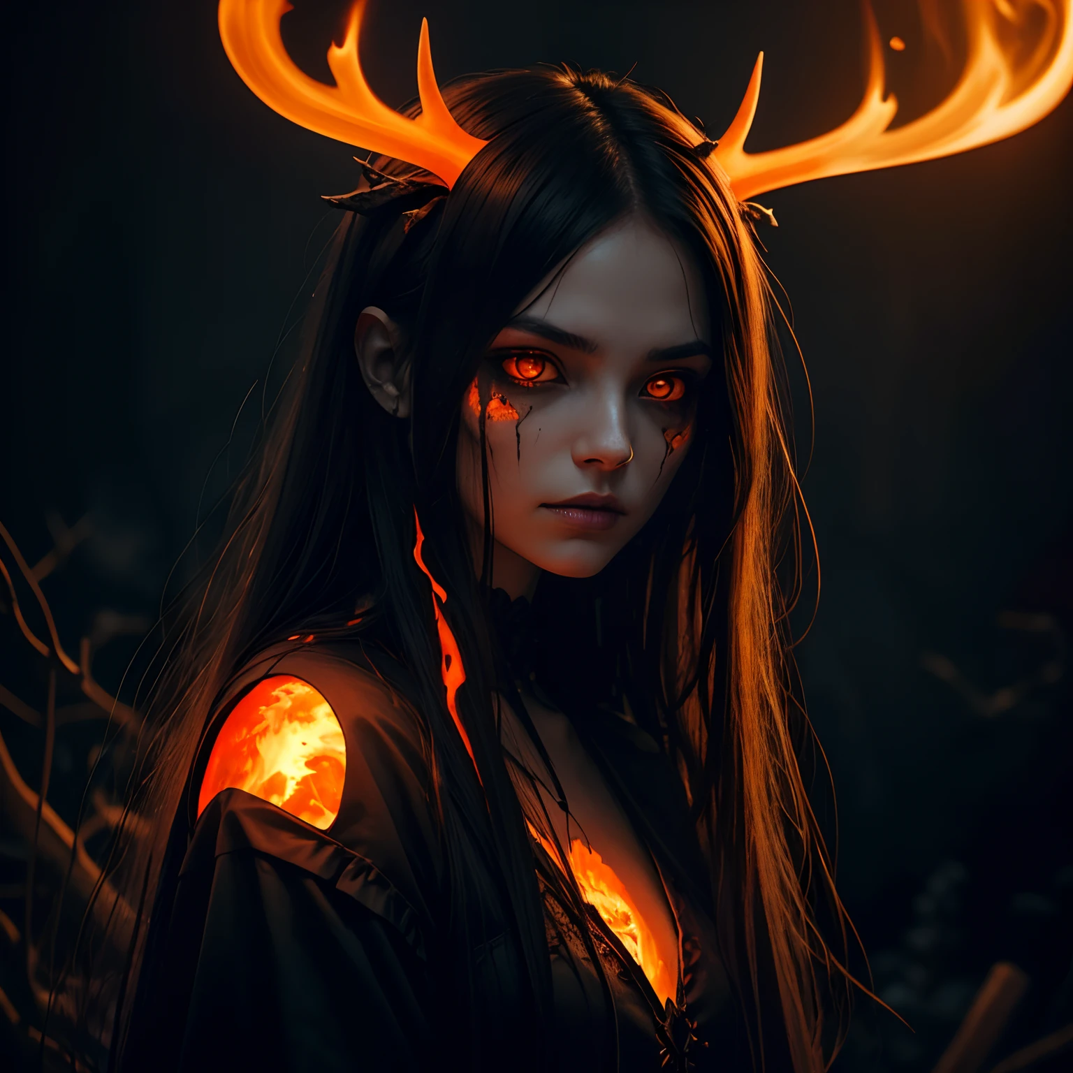 dark, unholy, evil, astral, creepy style, undead, rotting skin, mystical, nice perfect face with soft skin, young beautiful girl portrait on fire, orange smoke, mist, night, dark long hair, antlers glowing orange eyes, from side, light orange glow, void, pumpkin