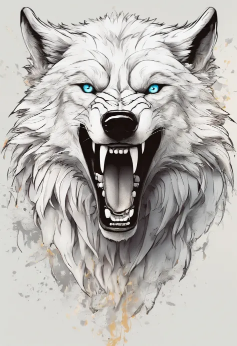 White realistic wolf tattoo art (((odd-eyes))) With ink splatter sketch effect ,He opened his mouth and said,,,,、Looks very fiercely angry，T-shirt logo