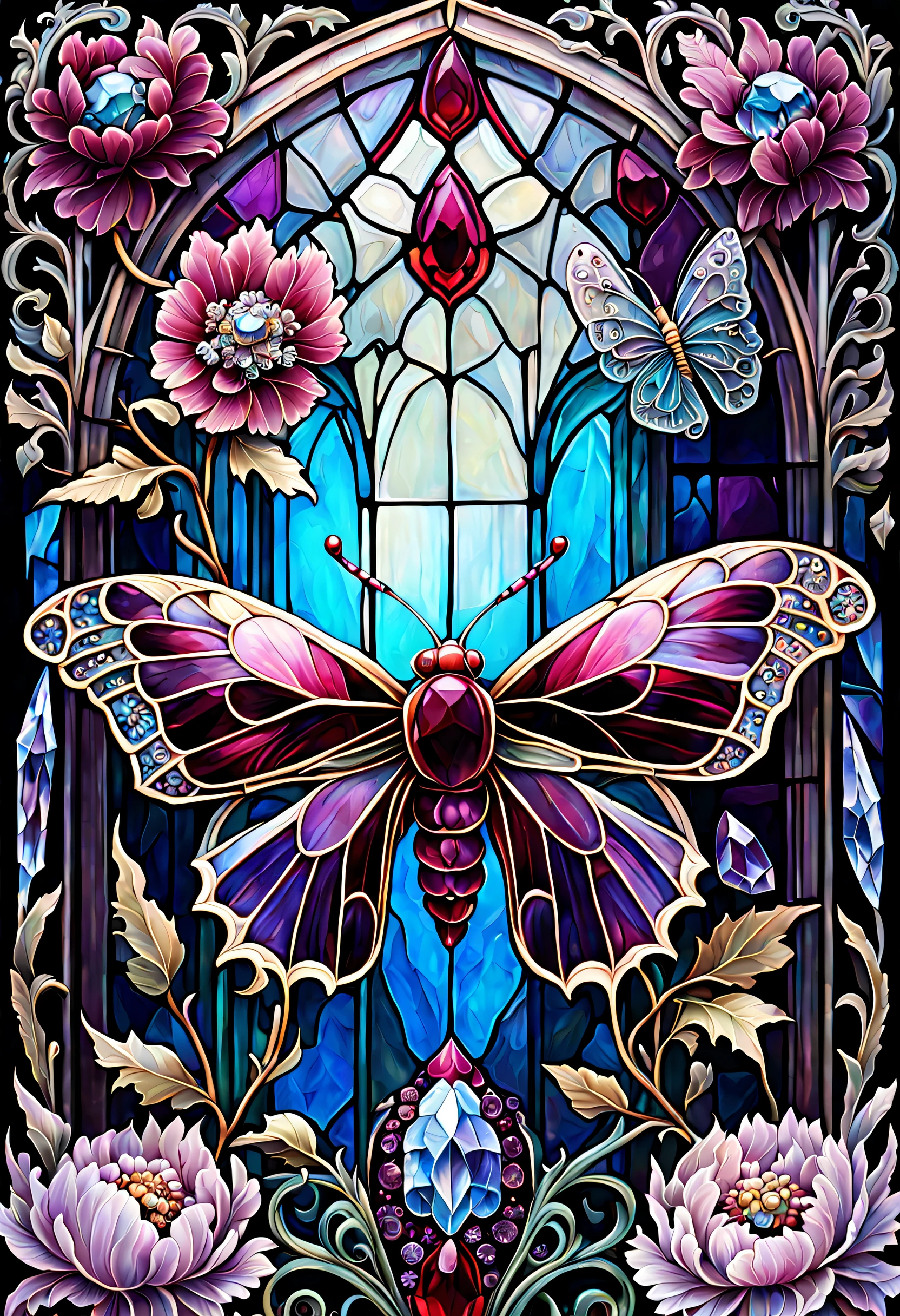 triadic colors, cinematic, official art, close fairytale transparent glass moth ruby peony flowers, ice hoarfrost, baroque, Craola, highly detailed stained glass wings, amethyst crystals, labradorite iridescent crystals, Andy Kehoe, John Blanche, complex highly detailed background,  book detailed illustration, fantasy, filigree, filigree detailed, intricated, cute