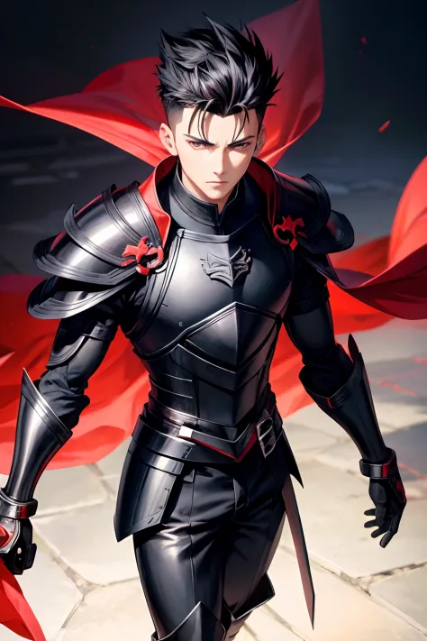 anime, a young man, Black quiff hair with fade, black armor with red details, black background