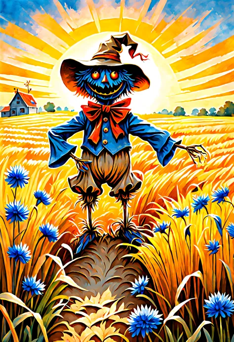 Summer, Best quality, Ink painting, acrylic pour, Detailed straw cute scarecrow imp creature on rye field, Cornflower, Sunrise, farm house, author：craola, dan munford, Andy Keeho, 2D, flat, Cute, Adorable, Vintage, Art on cracked paper, fairytale-like, Detailed illustration of the storybook, Cinematic, hyper-high detail, Tiny details, Beautiful details, mistic, Luminism, Vibrant colors, the complex background