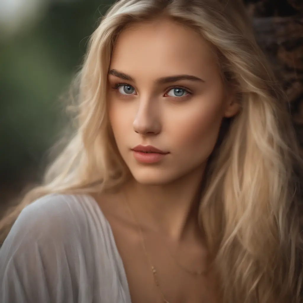 realistic 18 years old woman with blonde hairs and natural eyes