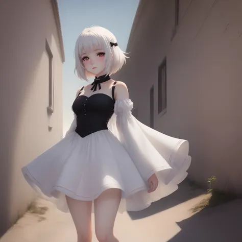 Anime girl in a white dress walking down a narrow alleyway - SeaArt AI