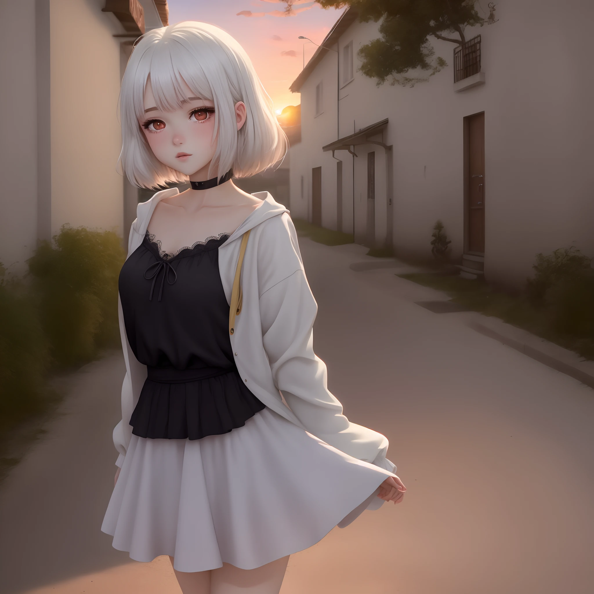 Anime girl with white hair and black dress walking down a street - SeaArt AI