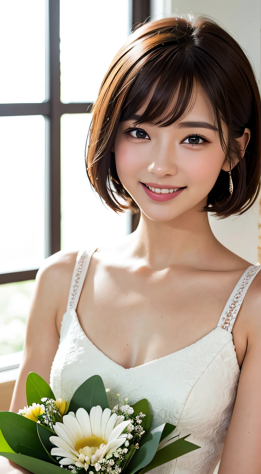 masterpiece, Best quality, Raw photorealism, Smile, big smile, happy face, Beautiful girl, Cute, Short hair, small breasts, depth of field, High resolution, Ultra detail, Very detailed eyes and face, Sharp pupils, Realistic pupils, Sharp focus, Movie lighting, white dress, summer dress,florist, in flower shop, white wall background, holding bouquet in both hands, many flowers, mixed flowers,