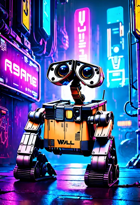 Wall-E, robot, (reimagined in a cyberpunk universe), (cyberpunk style), (cyberpunk), (augmentation), (cybernetics), glowing neon lights, cinematic scene, hero view, action pose, beautiful 8k, detailed background, masterpiece, best quality, high quality, absurdres, vivid, detailed skin texture, (blush:0.5), (goosebumps:0.5), subsurface scattering,