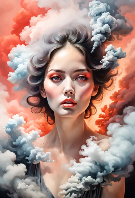 portrait of a woman covered in cloud of smoke, whirlwind, coral highlight colors, coral make-up, hints of pastel, misty, seducti...