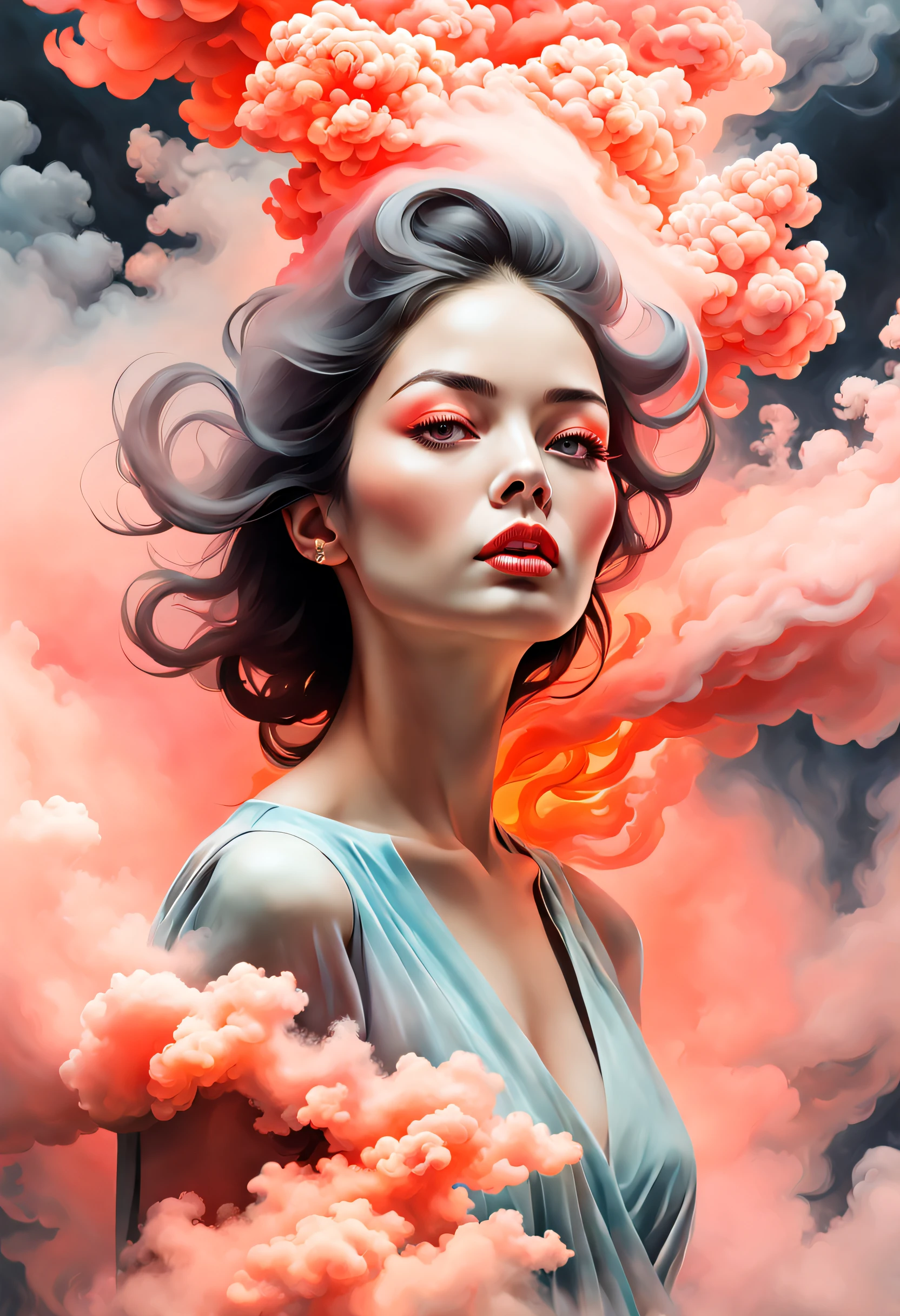 portrait of a woman covered in cloud of smoke, whirlwind, coral highlight colors, coral make-up, hints of pastel, misty, seductive, sultry, breathtaking, oil painting style, artistic, aesthetic modern art, hyper-realism
