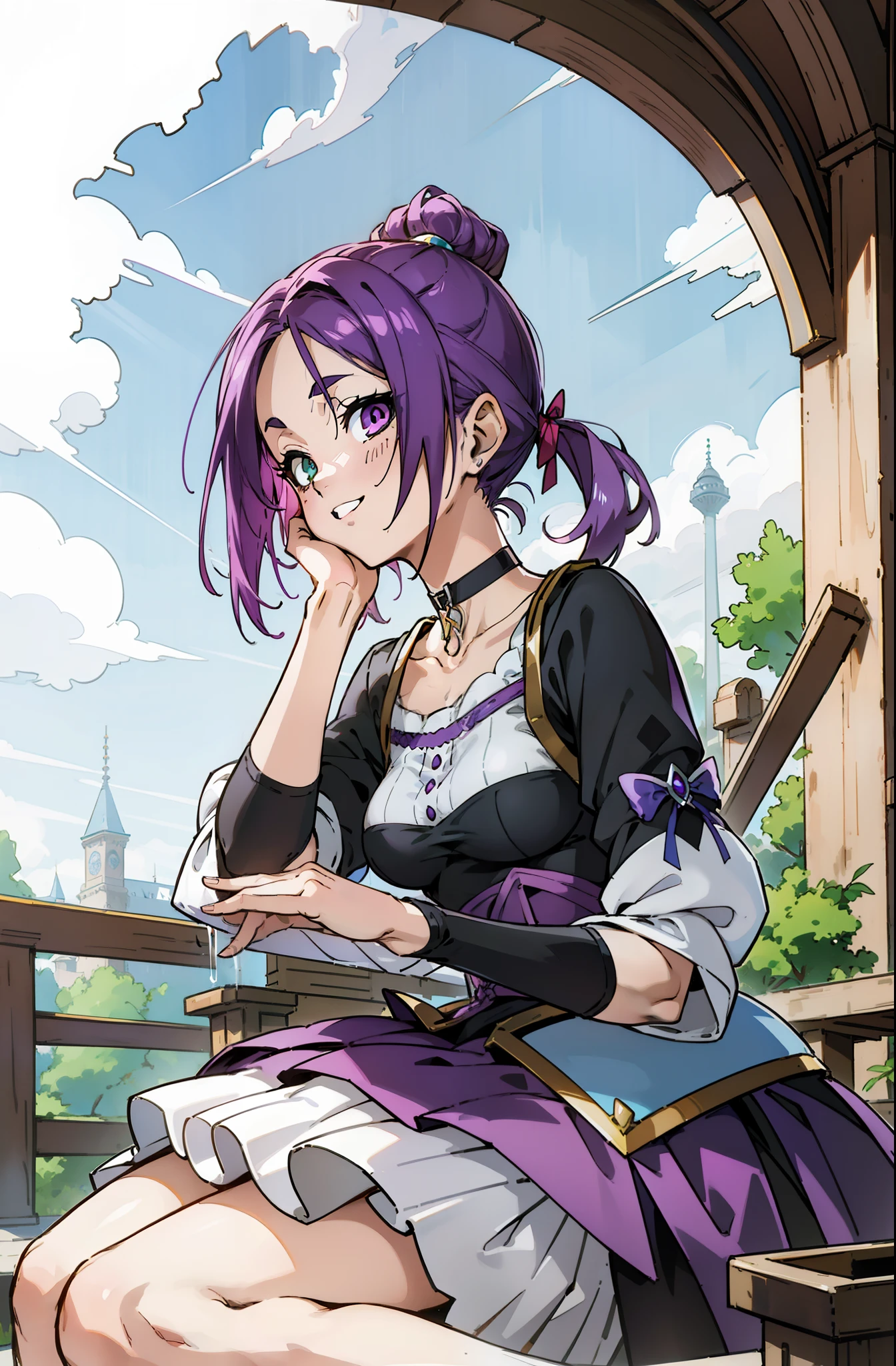 Colorful, Up-close, purple color  hair, Ultra-realistic hair quality, Vibrant colors, Young Girl, 14years old girl, Beautiful long hair, Shiny hair, detailed hairs, Hair Ribbon, Single-sided up, Reo Mikage, Blue Lock, no sleeves, Sleeveless, open shoulders, Cinderella, drawing, Cinderella with panniers, Cinderella Dress, Lace dress, long dress, white stockings, stockings, Chest exposure, Lace underwear, Metamorphosis is exposed, buckle, Choker, Black Choker, complete fingers, Five Fingers, Two arms, Two hands, The tattoo, body tattoo, arm tattoos, Blue Rose Tattoo, Tattoo on the wrist, Tattoo on the thigh, Relative area, Sexy breasts, Big breasts, red blush, 1girl in, Solo, Sharp face, Heterochromia, Green eyes, Purple eyes, Bare neck, Happy face, light smile, skirt in dress, pannier in dress, masutepiece, Ultra-detailed, Hyper-detailing, anime, anime style, Best Quality, Bare legged, Black leggings, Brown Gladiator Sandals, Scenery of Shanghai, Castles, crouching down