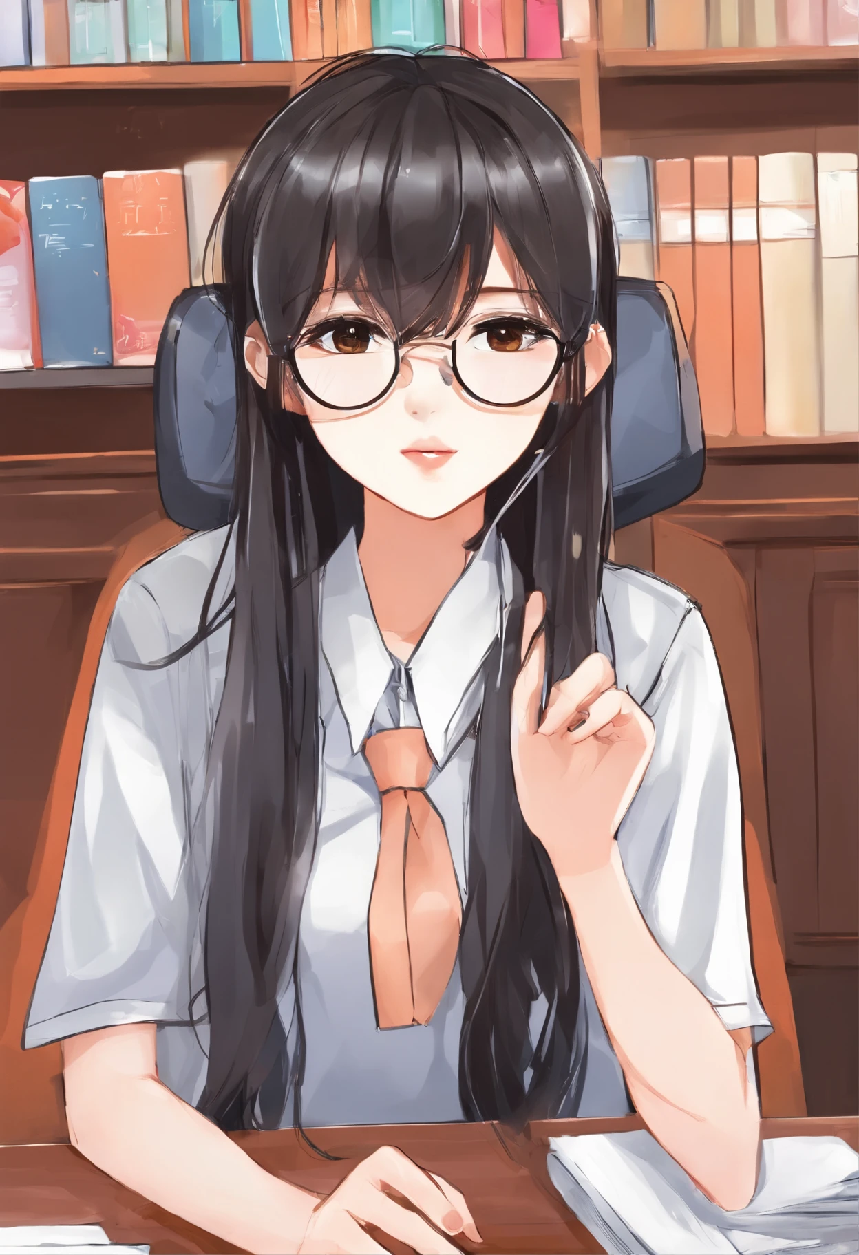 a beautiful Korean girl in uniform long black brown hair, in glasses ...