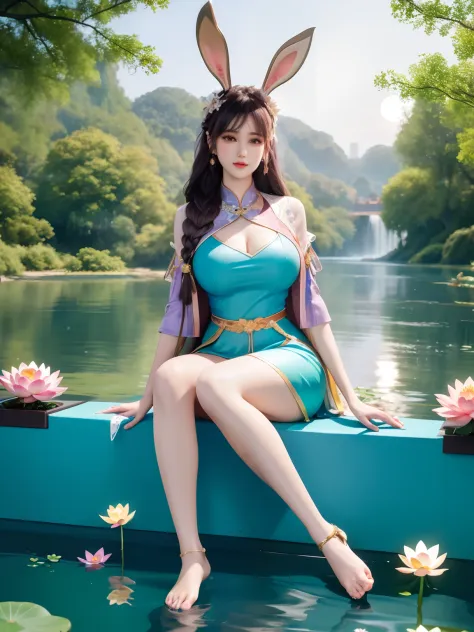 sitting by a lake full of lotus flowers, her feet playing in the water, the art depicts a charming woman with a melon face, dres...