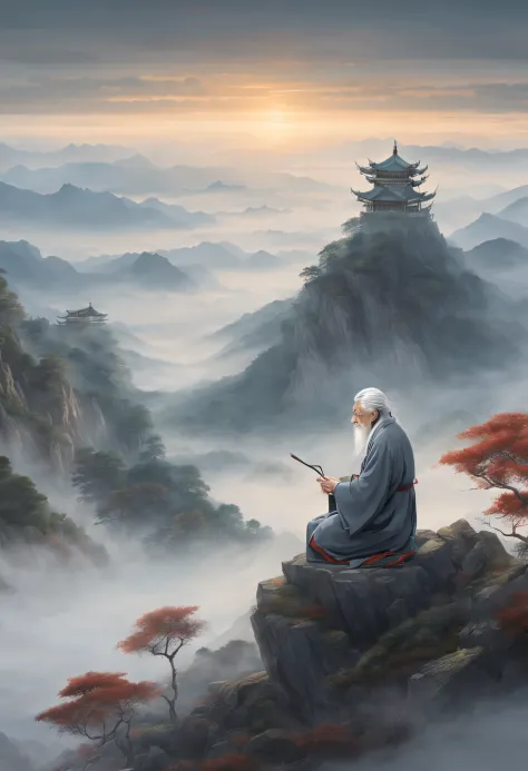 Illustration, wide-shot, wise looking old hermit with grey hair wearing Hanfu on a misty mountain, evening, masterpiece, intrica...